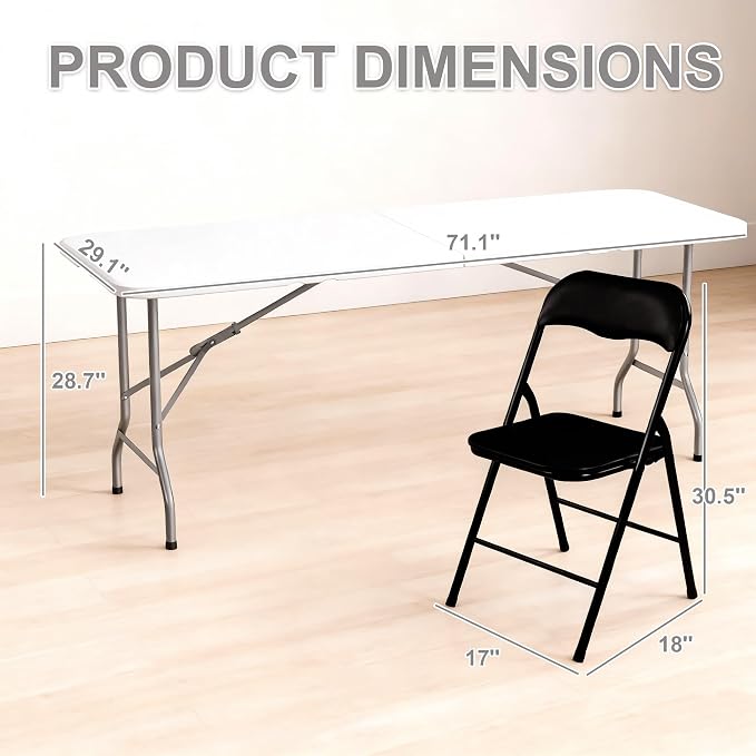 Elevon Folding Table Set with 6 Black Folding Chairs,6 Feet Heavy Duty Fold-in-Half Utility Table Sets for Picnic, Event, Training, Outdoor Activities, at Home and Commercial Use