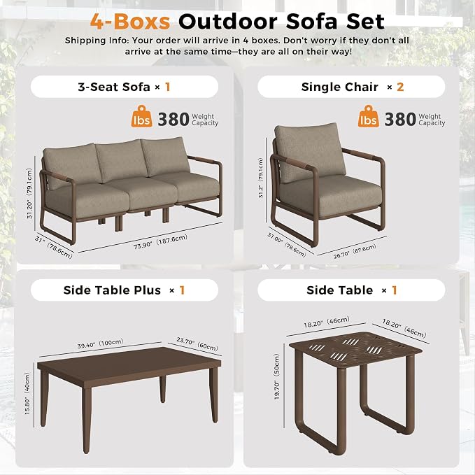 Outdoor Aluminum Patio Furniture Set with with 6.5" Thick Cushions,7-Piece Outdoor Sectional Conversation Set with Coffee Tables,All-Weather Patio Set for Backyard & Deck，Brown