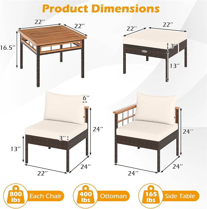 Tangkula 7 Pieces U Shaped Outdoor Wicker Furniture Set, Patio Cushioned Rattan Chairs with Ottomans & Side Table, for Backyard, Porch, Balcony