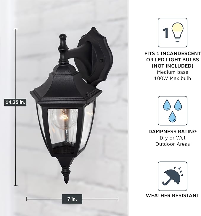 Designers Fountain Waterbury Outdoor Light Fixture, 14.25 Inch Exterior Wall Lantern Sconce for Front Door, Patio and Porch, Black, 2461-BK