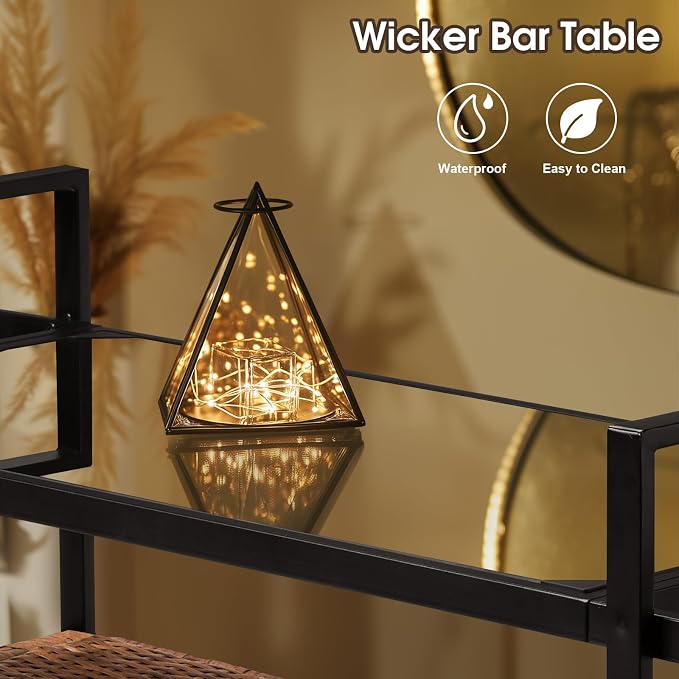 Outvita Patio Bar Table, Weatherproof Buffet Cabinet Wicker Outdoor Storage Cart with 2 Doors & Shelves Glass Tabletop for Tableware Wine Bottle and Glass, Towels, and Potting Supplies