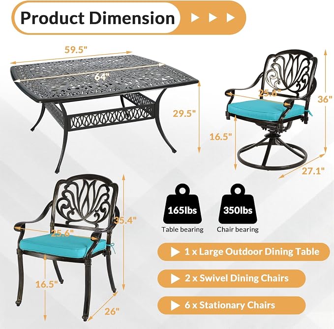 9 Piece Outdoor Patio Dining Set for 8, Cast Aluminium Large Square Dining Table & 2 Swivel Rocker Chairs, 6 Stationary, 8 Cushions, Umbrella Hole, Patio Furniture Set for Garden, Ocean Blue