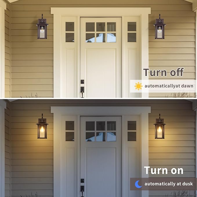 Dusk to Dawn Outdoor Wall Light Fixtures,14'' Outdoor Porch Sconces Lighting , Waterproof Wall Lanterns with E26 Sockets & Glass Shades, Modern Oil Rubbed Bronze Outside Lights for Front Door Entryway