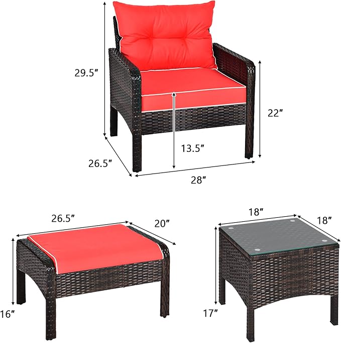 DORTALA 5 Pieces Patio Furniture Set, Outdoor Rattan Conversation Set with Cushions, Glass Table, Ottomans & Chairs, Wicker Sofa Set Backyard Porch Garden Balcony, Red