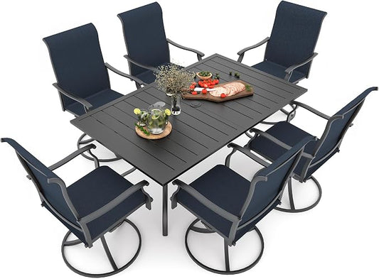Patio 63"x38"x28" Table and Navy Blue Swivel Chairs Dining Set for 6 Person | 6 Piece Swivel Chairs: High Back, Retro Armrest, Textilene Fabric, Rocking; 63"x38"x28" Metal Rectangle Table, All Weather