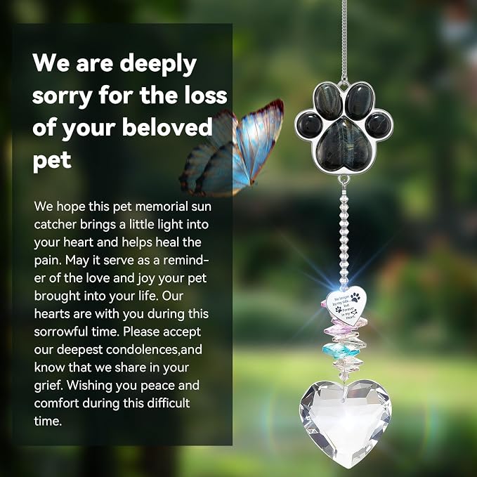 Dog Memorial Gifts, Pet Memorial Suncatcher, Loss of Dog Sympathy Gift | Thoughtful Dogs and Cats Bereavement Remembrance Gifts, Natural Cat's Eye Stone Paw Crystal Suncatcher