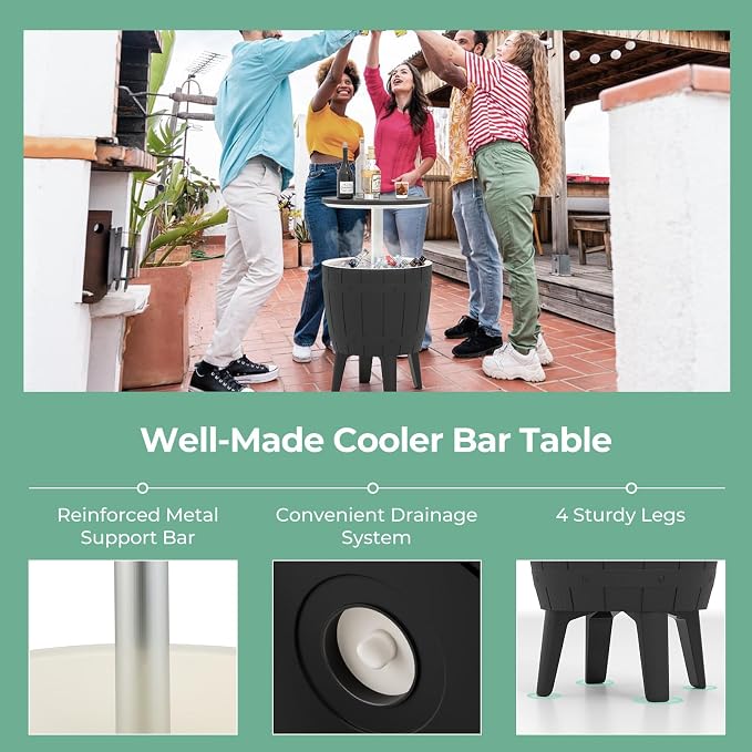 Giantex Cooler Side Table Outdoor, 10 Gallon Ice Cooler with Drainage Plug, Adjustable Height, 3-in-1 Cocktail Patio Par Table for Beer Wine Storage, Deck Pool Backyard Party, Black (Wood-Style)