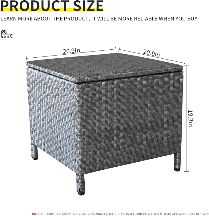 Valita Careland Outdoor PE Wicker Side Table with Storage Patio Resin Rattan End Table Square Container for Furniture Covers, Toys and Gardening Tools Grey