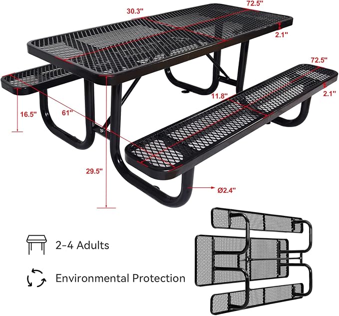 Heavy Duty Picnic Table for Outdoor 1400 lbs Load All Metal Camping Table with Umbrella Hole up to 1.5", Rectangle Dining Table for Commercial Picnic Table with Benches, Black