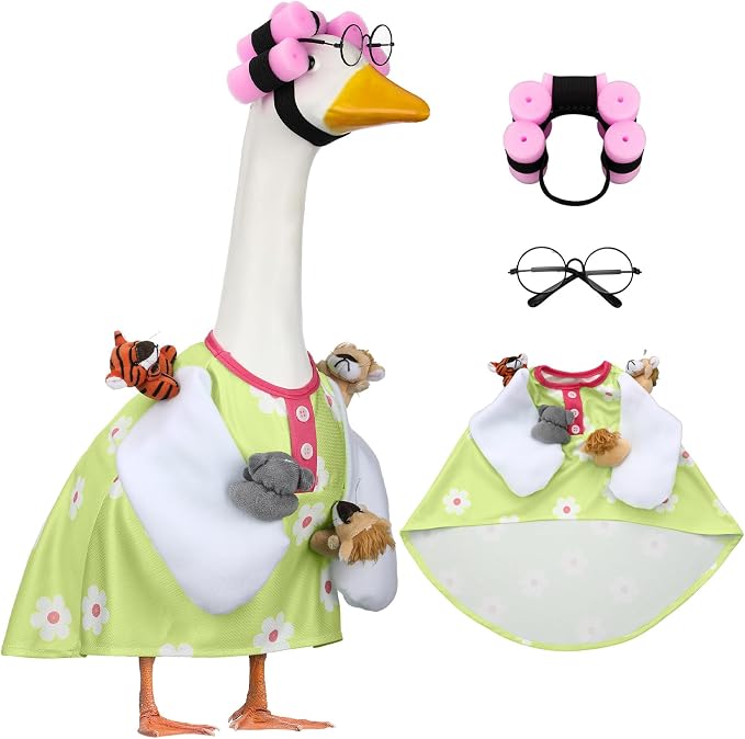 Suzile Funny Lady Porch Goose Outfit for 23'' Cement Goose Curler Wig Costume Glasses with Cute Animals for Holiday Parties Yard Lawn Outdoor Garden Patio Concrete Statue Geese Decoration