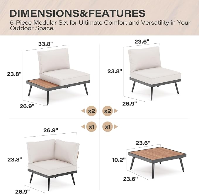 LAUSAINT HOME L-Shaped Outdoor Furniture Set, 6 Pieces PE Rattan Patio Conversation Set, Rustproof Steel Sectional Sofa with Thickened Cushions & Coffee Table for Patio, Garden, Poolside and Balcony