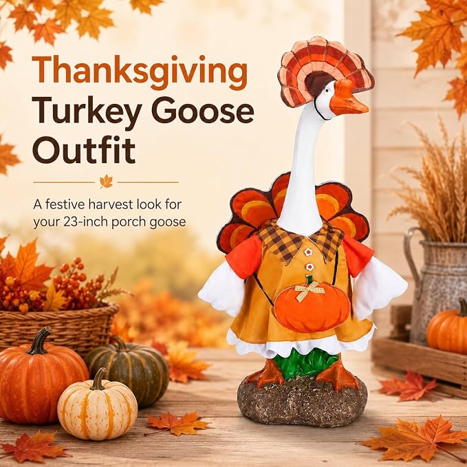 STONESTAR Fall Porch Goose Outfits Turkey Pumpkin Goose Costume for 23" Lawn Geese Statue, Autumn Goose Clothes with Hat for Outdoor Yard Patio Garden Thanksgiving Party Decor