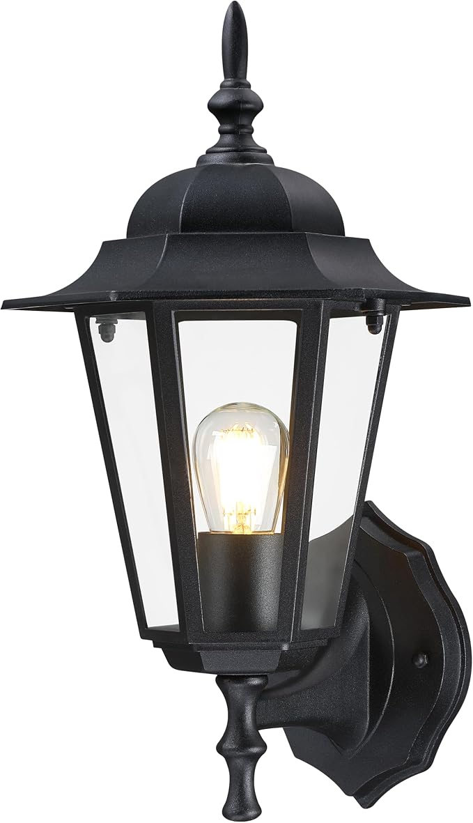 GRUENLICH Outdoor Wall Light Fixture, Rustproof Aluminum, Glass | Exterior Porch Light Wall Sconce Lantern for House, Patio, Garage, Waterproof, E26 Socket 60W Max, Black, 1 Pack