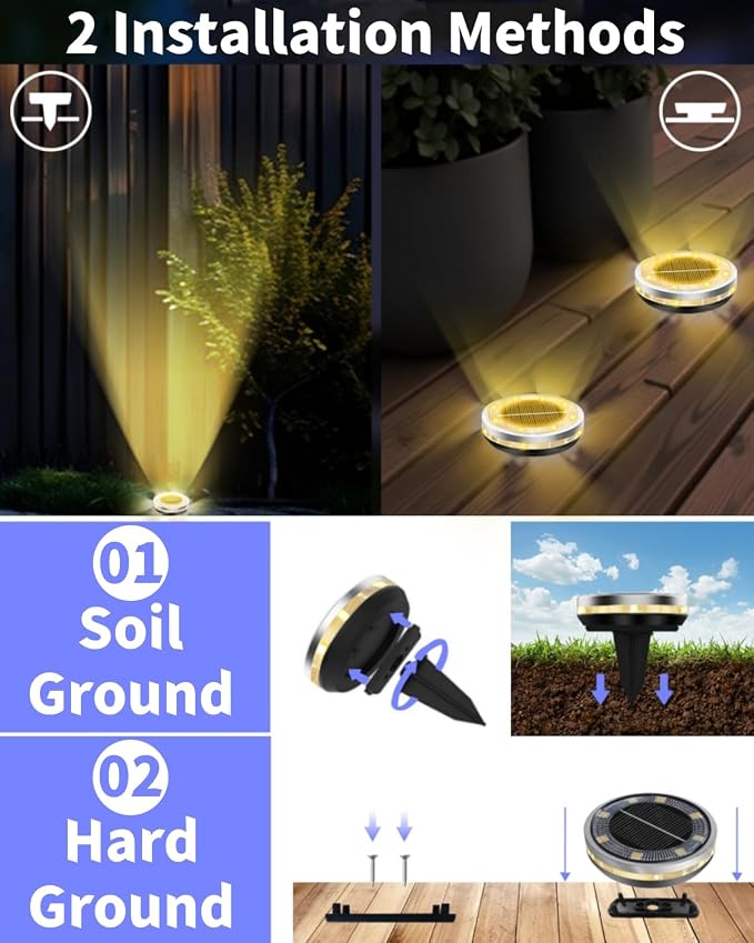 Solar Ground Lights Outdoor 26 Pack Waterproof, Upgraded Solor Garden Lights with 4 Side Light, Stainless Steel Salor Powered Disc Landscape Light for Walkway Pathway Lawn Yard Patio Deck-Warm White