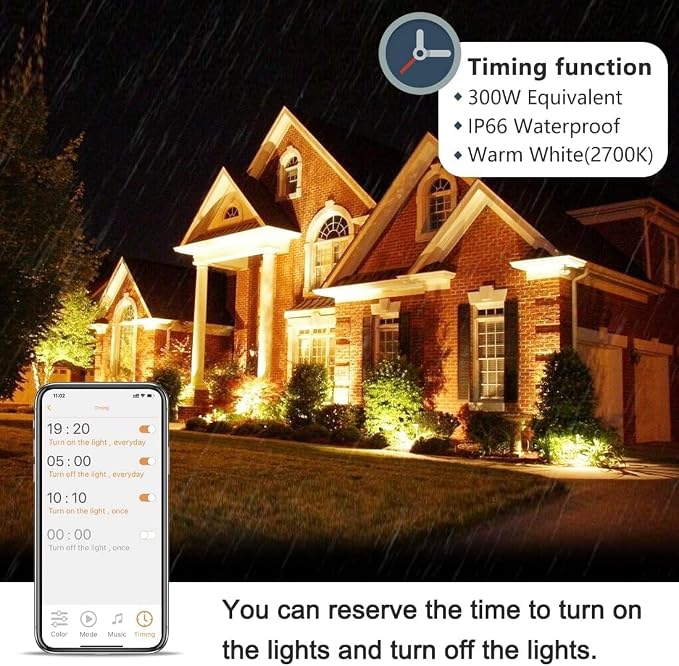 Led Flood Light 30W, 300W Equivalent 3000 LM Outdoor Color Changing Lights | 2700K & 16 Million Colors&Timing& Music Sync, Bluetooth RGBW Smart Floodlights，Led Stage Landscape，IP66 US 3-Plug (2 Pack)