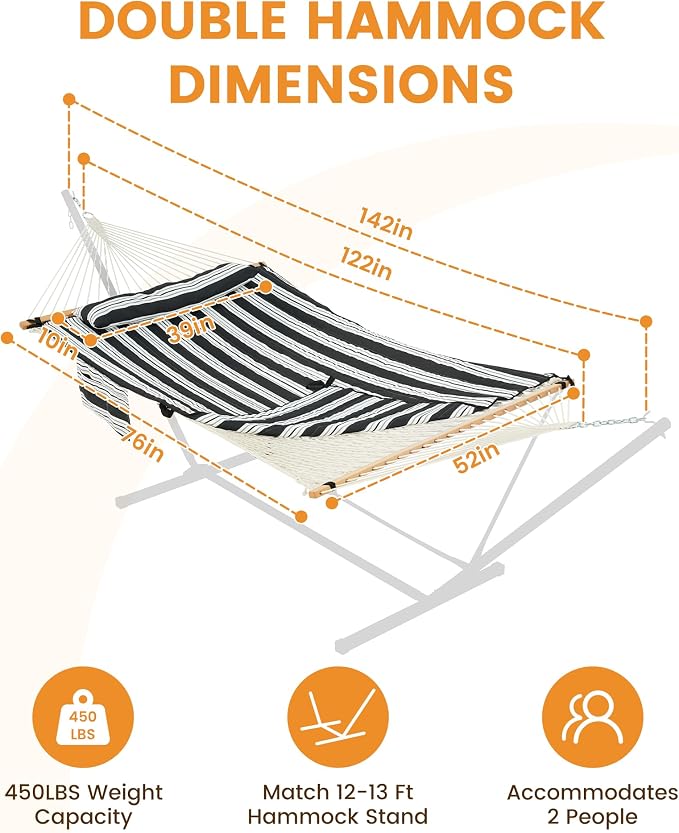 Lazy Daze Hammocks Rope Hammock with Pad, Spreader Bar, Carabiners, Tree Straps, Chains for Outside Patio- Max 450 Lbs, Black Stripes