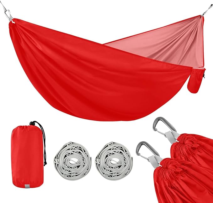 Red Solid Color Camping Hammock, Portable Lightweight Single Hammock with Tree Straps and Aluminum Carabiners, 114" x 54" Travel Hammock for Hiking Backpacking Beach