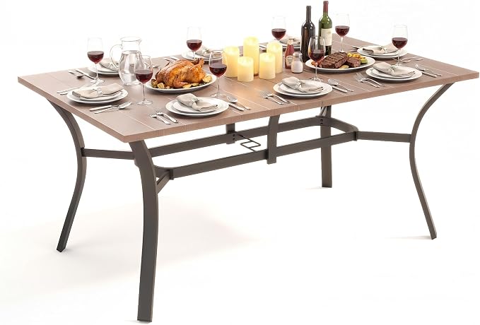 63" x 37.8" Patio Outdoor Dining Table, Wood-Grain Metal Table with Umbrella Hole, All-Weather Dining Table for Party, Lawn & Garden