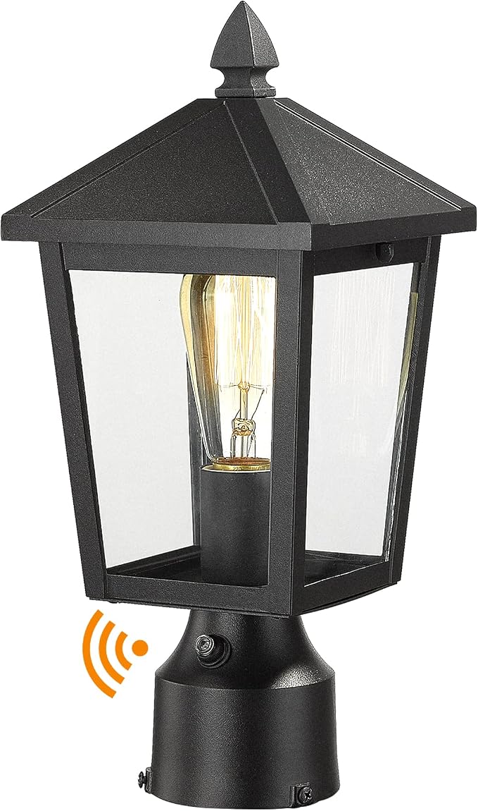 zeyu Dusk to Dawn Outdoor Post Light Fixture, 13.7-Inch Farmhouse Post Lantern Lamp Post for Patio, Clear Glass Shade and Black Finish, 20076PS-PC BK