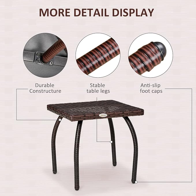 Outsunny Outdoor PE Wicker Side Table, Small Square Rattan End Table, All-Weather Material Coffee Table for Garden, Balcony, Backyard, Brown