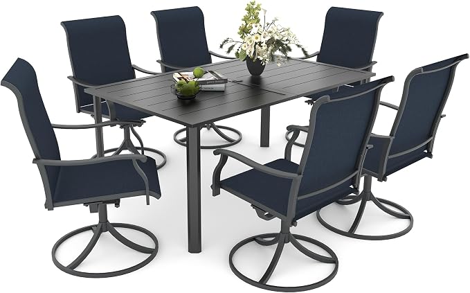 Anmutig 7 PCS Patio Dining Set, Rectangle Metal Table with 1.57" Umbrella Hole and 6 High Back Textilene Swivel Chairs, Suitable for All Weather
