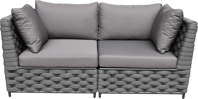 TWT 3-Piece Outdoor Conversation Set, Woven Rope Patio Sofa & Table in Gray. Quick assembly, water-resistant easy-clean cushions. Weather resistant and space-saving, great for indoor & outdoor spaces.