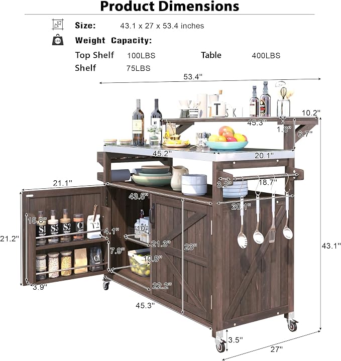 RUNNA Outdoor Kitchen Island with Raised Shelf,Solid Wood Storage Cabinet with Stainless Steel Top,Outdoor Rolling Grill Cart with Internal Storage Rack, Adjustable Shelf,Spice Rack (Brown#028)