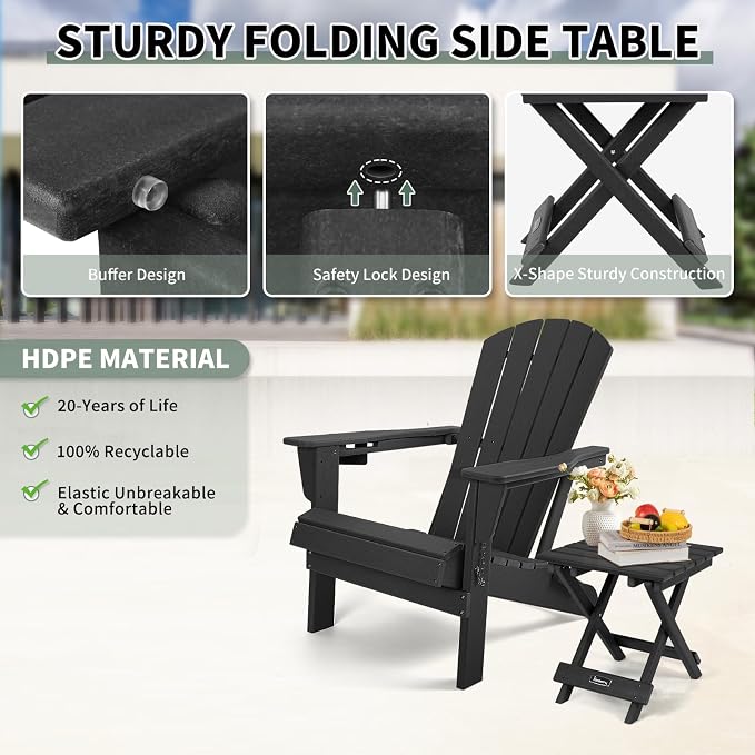 FUNBERRY Outdoor Folding Adirondack Side Table, Patio End Table | No Assembly, Portable, HDPE All Weather, No Rot, No Rust, No Crack, Save Space, Easy-Clean for Indoor or Outdoor