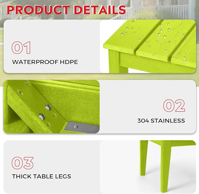 Costaelm Adirondack Outdoor Coffee Table, HDPE Drink Table Weather Resistant, Patio Porch Accent Balcony Table Outdoor End Table for Pool, Seaside, Backyard, Lime