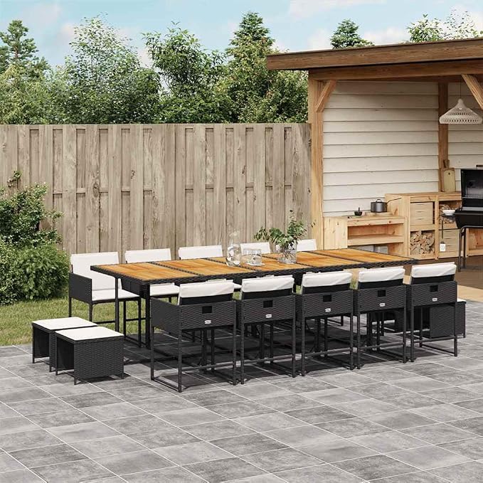 15 Piece Outdoor Patio Dining Set with Cushions, Black Poly Rattan Wicker Furniture for Garden Backyard, Acacia Wood Table, Folding Chairs & Stools, UV-Proof Weather-Resistant Al Fresco Dining