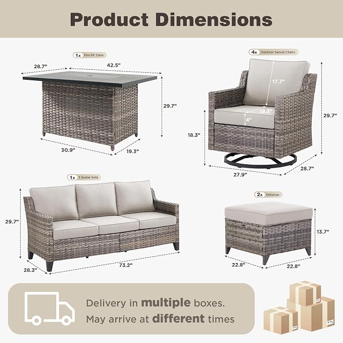 Belord Patio Wicker Swivel Rocker Patio Chairs with 3-Seater Sofa and Propane Fire Pit Table, Outdoor Furniture Set for Deck Porch Poolside, 8 Piece Patio Conversation Furniture Set,Beige