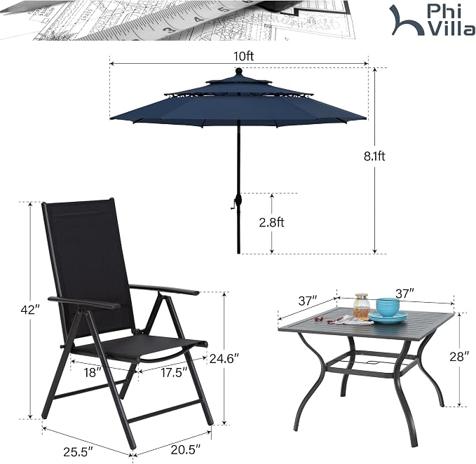 PHI VILLA 6 Piece Outdoor Dining Set with 10ft Umbrella (Navy Blue), Patio Table and Chairs for 4 with Lightweight Folding Chairs & Metal Square Table for Yard, Garden and Deck (No Umbrella Base)