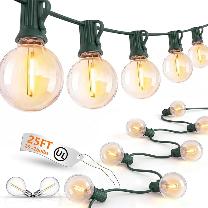 25FT LED Outdoor Christmas String Lights Waterproof, Hanging G40 Globe Patio Lights with 27 LED Shatterproof Warm White Bulbs, Outdoor Christmas Decorations Light for Wedding Party Backyard, Green