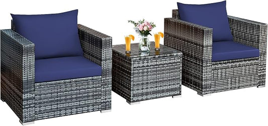 Tangkula 3 Pieces Patio Furniture Set, PE Rattan Wicker Sofa Set w/Washable Cushion and Tempered Glass Tabletop, Outdoor Conversation Furniture for Garden Poolside Balcony