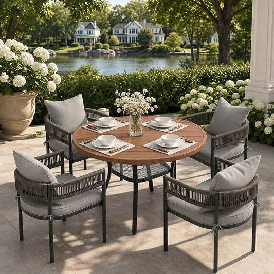 VICLLAX Patio Dining Set, 40.6" Walnut Table & 4 Chairs with Grey Cushion | Outdoor Table and Chairs Set of Round Metal Patio Table, Outdoor Dining Chairs with Metal Frame, Garden Deck Porch