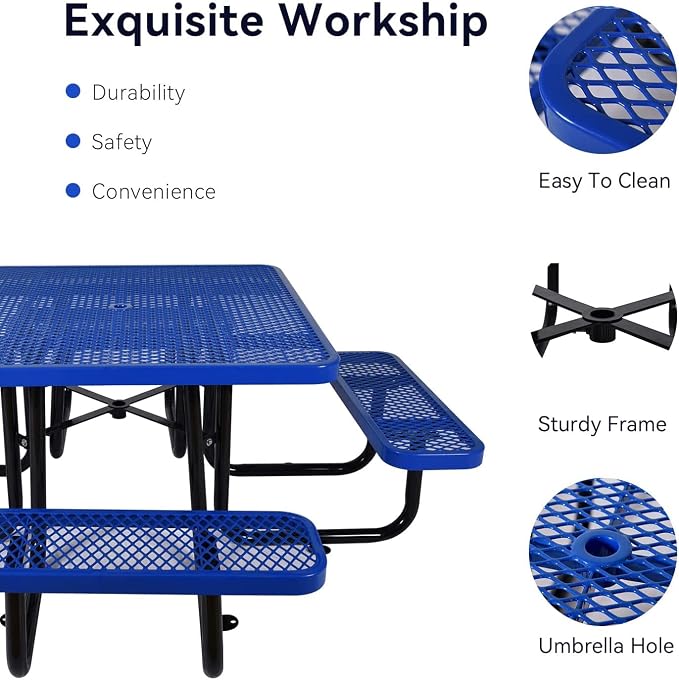 Heavy Duty Picnic Table for Outdoors 3200 lbs Load All Metal Camping Table with Umbrella Hole up to 1.5", Commercial Picnic Table with Benches for School, Coffee Shop, Blue