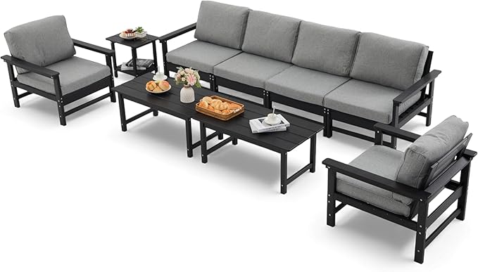 HDPE Outdoor Patio Furniture Set, 9-Piece Sofa Set with 4-Seat Couch, 2 Armchairs,Side Table & 2 Coffee Tables, Weatherproof Conversation Set with Cushions,for Garden, Porch & Backyard