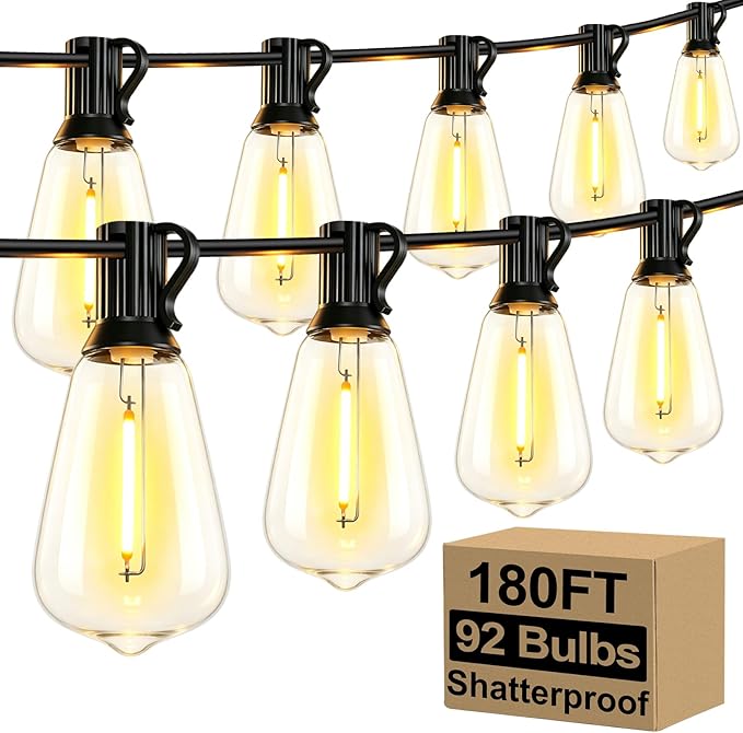 Brightever Outdoor String Lights 180FT, Patio Lights with 90+4 Dimmable ST38 Shatterproof LED Bulbs, Vintage Edison String Lights for Outside, Waterproof Bistro Lights for Halloween Backyard 2700K