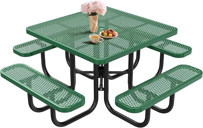 46IN Square Metal Picnic Table Set with Umbrella Hole and 4Benches for Outdoor, Expanded Heavy Duty Metal Commercial Grade Patio Dining Furniture for Yard Patio Lawn Party Coffee, Green