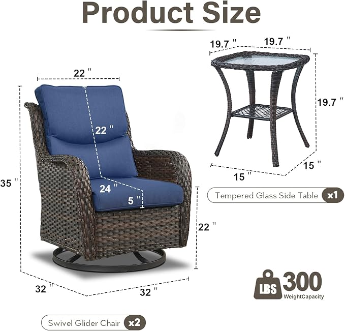 Outdoor Swivel Rocker Patio Chairs with 5" Thick Cushion - 3 Piece Wicker Bistro Set with Side Table, High Back Comfty Outdoor Glider Chairs for Balcony, Porch, Deck, Poolside - Brown-Blue