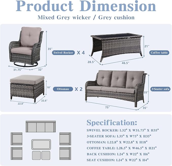 Belord Wicker Patio Furniture Sets - 8 Piece Rattan Outdoor Furniture Conversation Sets with 4 Swivel Rocker Chairs, Rattan Sofa, Wicker Ottomans and Coffee Table, Mixed Grey/Grey