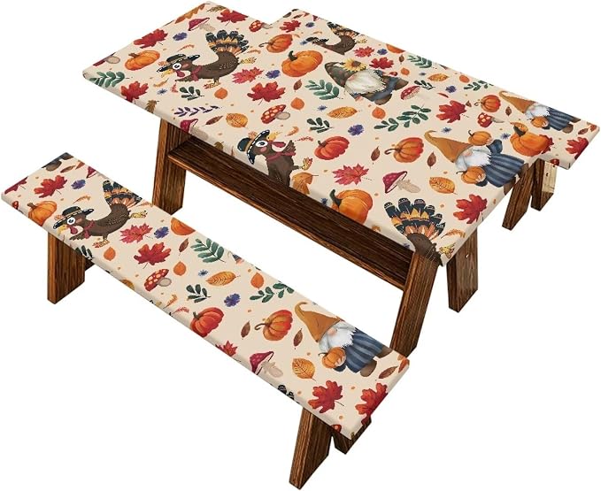 Thanksgiving Picnic Table Cover with Bench Covers, Beach Waterproof Outdoor Table Cover, Picnic Table Covers with Elastic Suitable for Thanksgiving Decoration