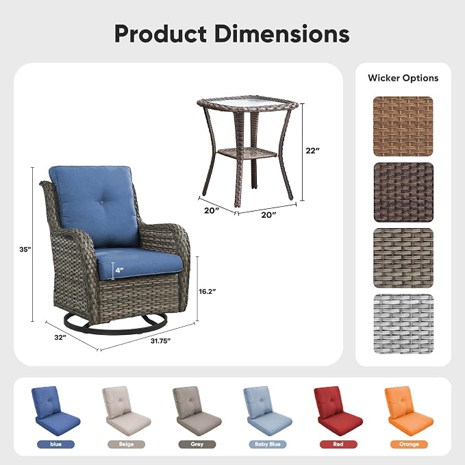 Belord Patio Wicker Chairs Swivel Rocker,Outdoor Patio Furniture Set with Rattan Side Table, All Weather Conversation Set for Porch Poolside Balcony, Gray Wicker/Blue