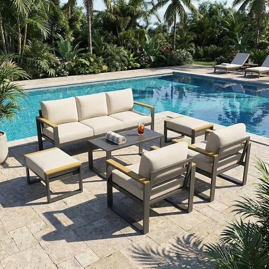IDEALHOUSE Aluminum Patio Furniture Set, 7 Seats Outdoor Patio Conversation Sets with Coffee Table, 6 Pieces Metal Conversation Sectional Furniture Sofa for Balcony, Garden, Deck, Backyard,Beige