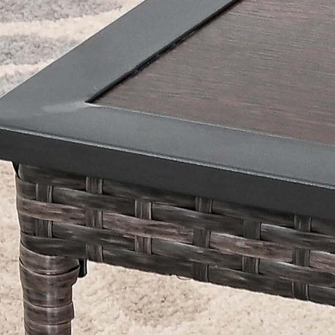 Outdoor Square Coffee Table Metal Wicker Patio Table with Wood Grain Tabletop Steel Frame