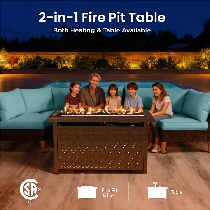 PHI VILLA Wicker Patio Furniture Set with Swivel Chairs, 9 Pieces Outdoor Conversations Set with 45" Fire Pit Table, Oversized Rattan Patio Sectional Sofa with Ottoman, Aqua Blue Cushion