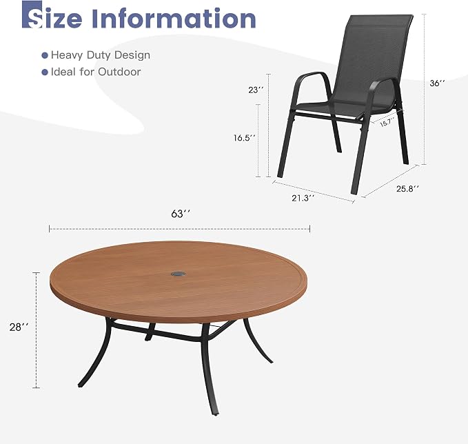 VICLLAX Round Patio Dining Set for 10, Metal Slatted Patio Table with Umbrella Hole and Stackable Patio Chairs for Deck Lawn Garden, Black Fabric and Walnut Tabletop