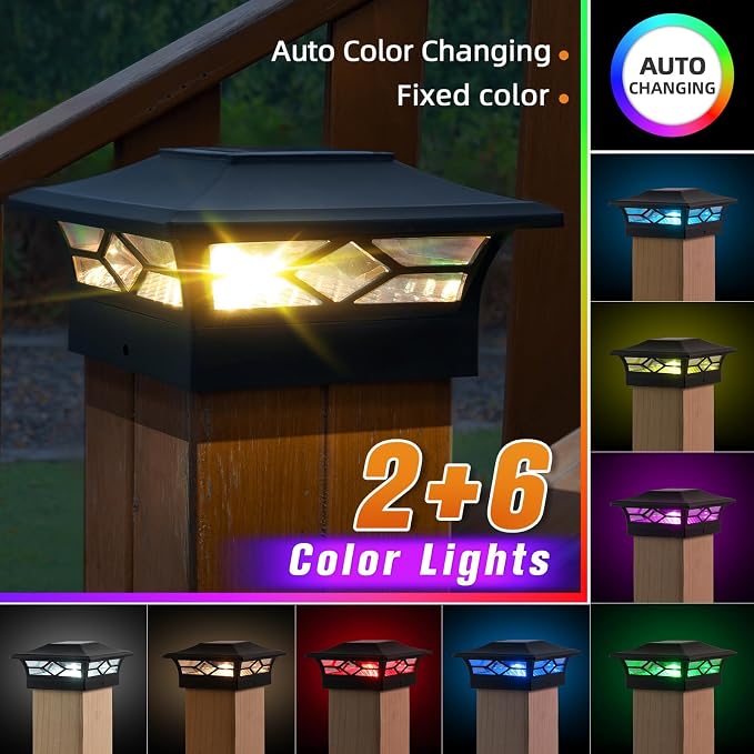 APONUO Solar Post Cap Lights with 8 RGB Colors and Multicolor Flow, Ultra-Bright Clear Lens, IP65 Waterproof for 4x4 5x5 6x6 Wood & Vinyl Fence Posts, 12 Pack Black