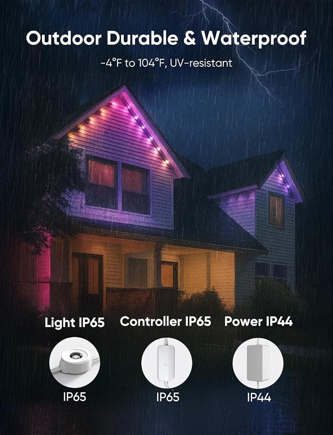 RGBW Permanent Outdoor Lights for House 100ft, with 72 LED Bulbs | IP65 Waterproof, 54 Scene Modes, 2700K Warm White, Individual Control, Permanent Lights Compatible with Alexa, Google
