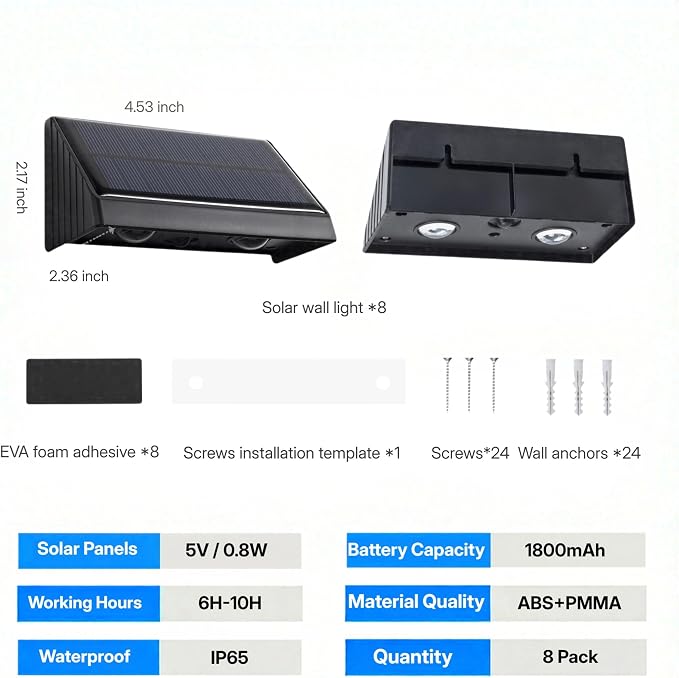 Solar Fence Lights Outdoor for Wall, Step, Deck, Porch, Address | 3000K Downlights Dusk to Dawn LED Convex Lens Warm White Lighting Waterproof Solar Powered 8 Pack